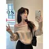 Suéter tejido negro de un hombro descubierto para mujer, adecuado para primavera, otoño e invierno, de corte holgado, manga larga, con un estilo casual y relajado