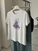 Camiseta feminina de verão fina estilo coreano, estampa de desenho animado jovem, manga curta, toque de linho em algodão, com estampa de pera, modelagem que afina a silhueta e versátil, com ombros normais