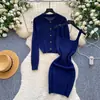 Conjunto de duas peças de cardigã de tricô estilo commuter para mulheres, outono, conjunto de cardigã slim-fit e vestido regata, moda outono
