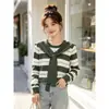 Suéter de punto con cordones y cuello a rayas azul marino popular este otoño para mujer, top holgado de manga larga, nuevo estilo primavera y otoño, prenda base