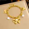Pulsera de Cadena con Colgante de Libélula, Corazón, Estrella de Cinco Puntas y Lazo de Perla Artificial Retro, Joyería de Acero Inoxidable con Baño de Oro