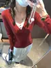 Top de punto con patchwork de color contrastante, cuello en V, falso dos piezas, manga larga, nuevo Otoño 2025, ajustado, elástico, camiseta base