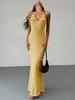 Vestido Largo de Moda Transfronterizo 2025 con Cuello en V Espalda Descubierta Sexy con Abertura Alta Vestido Halter Hermosa Espalda Vestido de Punto con Cuello Halter