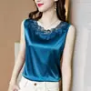 Camisola Feminina Primavera e Outono Solta Base Grande Tamanho Cetim Camisa Pequena Sem Mangas Renda Decote V Moda Feminina Top
