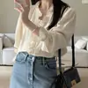 Blusa feminina estilo retrô francês coreano, delicada, com babados, decote V, textura plissada e mangas sino