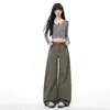 Muestra piernas largas estilo coreano jeans de nuevo estilo para mujeres petite pantalones verde militar cómodos ajustados de pierna ancha de cintura alta