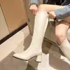 Elegantes botas de caballero de caña alta con cremallera trasera, punta fina y tacón medio, botas adelgazantes de cuero sintético para mujer estilo francés V2026 con tacón grueso