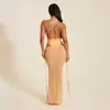 Conjunto de traje de baño de una pieza sexy con cuello halter y falda larga tipo sirena de malla transparente con cordón, conjunto de dos piezas para vacaciones en la playa en amarillo