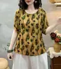 Playera Artística de Algodón y Lino para Mujer Top de Color Suelto Casual Retro para Viajar Verano Manga Corta Estampada a la Moda