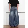 Jeans Americanos de Calle Lavados con Bigotes de Cimitarra para Hombre Verano Nuevos Holgados Rectos de Pierna Ancha Hasta el Suelo Pantalones de Guadaña