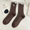 Calcetines de Mujer Otoño/Invierno 2026 con Bordado de Perro de Dibujos Animados, Borde Fruncido, Calcetines de Algodón hasta la Mitad de la Pantorrilla, Estilo Lolita