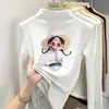Camiseta básica de cuello alto a media altura para niña de dibujos animados, nuevo estilo primavera/otoño/invierno, top de manga larga con forro polar para niños de talla mediana y grande