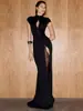 Comércio Exterior Estilo Europeu e Americano Outono e Inverno Nova Moda Feminina Cor Sólida Fenda Alta Gola Alta Sexy Vazado Slim Fit Vestido para Mulheres
