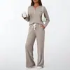 Conjunto informal de punto acanalado cepillado de dos piezas para otoño/invierno 2026, europeo y americano, con mangas largas holgadas y pantalones largos
