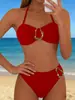 Traje de baño bikini de dos piezas con cuello halter para mujer con decoración de hebilla metálica, parte inferior de natación de cintura alta, traje de baño sexy para fotos de vacaciones en la playa
