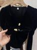 Elegante Camisa Francesa para Mujer Primavera Diseño de Alta Gama Top Corto de Terciopelo Dorado Manga Larga Cuello en V Camisa de Manga Abullonada
