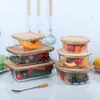 Contenedor de Almacenamiento de Alimentos de Vidrio Engrosado Resistente al Calor con Tapa de Madera de Bambú, Hermético, Apto para Microondas, para Cocinar al Vapor y Cocinar Alimentos, Fiambrera de Vidrio