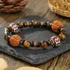 Pulsera de Cuentas Dzi Sintéticas para Hombre Pulsera de Piedra Ojo de Tigre Cuentas de Madera Pulsera de Cuentas Dzi de Tres Ojos Pulsera Retro para Hombre