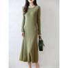 2025 Nuevo Otoño e Invierno Estilo Coreano Vestido Color Puro Cuello Redondo Tejido de Punto A-Line Fondo Tejido de Punto Falda sobre la Rodilla Falda Larga Grueso