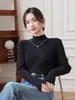 Nova camada base feminina outono e inverno, top de malha de manga comprida com gola semimalta, preto, tamanho único