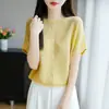 Tejido de punto de lino fino de verano para mujer, cuello redondo, holgado, transpirable, calado, manga corta, camiseta versátil, adelgazante