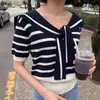 Camiseta de Verano Azul Marino con Cuello y Manga Corta para Mujeres Gordas, Falda y Top de Punto Rayado Adelgazantes que Cubren el Vientre