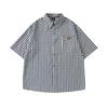 Camisa Xadrez Decorativa de Bolso Simples Retrô Estilo Japonês de Manga Curta com Lapela para Homens e Mulheres Verão Solta Casual Camisa de Casal
