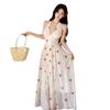 Vestido francés floral con cuello en V, halter, tirantes, para mujer, verano, nuevo, vacaciones junto al mar, hermoso, ceñido a la cintura, falda línea A de dobladillo amplio