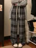 Pantalones Cuadros Retro Amarillos para Mujer Primavera y Otoño 2025 Nuevos de Cintura Alta Holgados Casuales Perezosos Forrados de Polar Pierna Ancha