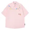 Camisa Xadrez Bordada com Gato e Cachorro Dopamina Floral Manga Curta para Homens e Mulheres 2026 Caimento Solto Camisa Top Preguiçosa