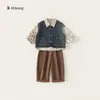 Bangxuan Ropa Infantil Conjunto para Niños Chaleco de Mezclilla Camisa Estampada Completa Pantalones Curvos de Color Sólido Conjunto Casual de Tres Piezas para Niños