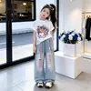 Conjunto de Ropa de Verano para Niñas 2026 Nuevo Estilo Niños Elegante Camiseta de Manga Corta Verano Niña Graffiti Pantalones Anchos Finos