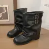 Pantalones Caballero Estilo Europeo Americano Punta Cuadrada Hebilla Estilo Nuevo Con Botines Otoño Invierno Botas Apiladas Arrugadas Mujer 2026 Piel Sintética Medio