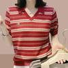 Camiseta de Manga Corta para Mamá con Rayas que Reduce la Edad para Mujer 2025 Verano Camisa Polo Casual Versátil Nuevo Look Holgado Adelgazante Top