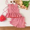 Verano Europeo y Americano Nuevo Elegante de Moda Top a Cuadros Rojos con Lazo y Shorts Conjunto de Dos Piezas para Niñas Ropa Infantil