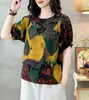 Playera Artística de Algodón y Lino para Mujer Top de Color Suelto Casual Retro para Viajar Verano Manga Corta Estampada a la Moda