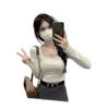 Top Base Corto Ajustado Estilo Coreano Dulce Picante Puro para Mujer, Nuevo Primavera y Otoño Puro Deseo Cuello en U Manga Larga Acortada