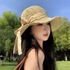 Chapéu de Palha com Laço de Fita de Bolinhas para Mulheres, Proteção Solar para Férias na Praia de Verão, Chapéu de Sol de Palha de Aba Larga, Dobrável