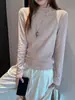 Camisa Básica Feminina Manga Longa de Lã Tencel de Fábrica Outono/Inverno 2026 Slim Fit Gola Alta Meia Malha Quente