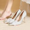 Zapatos de Cristal Franceses 2026 Primavera y Otoño Nuevo Estilo Zapatos de Boda Plateados Moño de Pedrería Punta Fina Tacones Altos Tacones de Aguja 9cm para Mujer