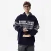 Tricô Jacquard Fair Isle Bege Masculino Inverno Americano Gola Alta Meio Zíper Suéter Preguiçoso Solto Casaco de Casal