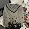 Diseño Urbano Cuello en V Moda Unisex Nicho Retro Casual Tendencia Marca Holgado Degradado Versátil Cálido Suéter de Punto
