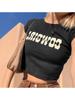 Roupas Femininas Europeias e Americanas Estilo Ins 2024 Primavera Nova Camiseta Feminina de Gola Redonda Curta Justa Estampada com Letras