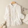 Camisa Literaria Retro de Comercio Exterior Original de Corte Único Bordada de Siete Mangas para Mujer, Literaria, Holgada, Casual, de Algodón y Lino, Camisa Pequeña