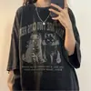 Camiseta corta de manga corta con lavado vintage, talla grande, marca americana de moda, para mujer, verano, moda urbana, estampado de gato, top holgado, moderno