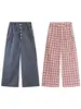 Calça Casual Yongfang Retro Americano com Botão, Xadrez, Simples, Versátil, de Barra Reta, Longa
