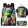 Mochila Escolar Infantil Monstruo de Pelo Verde Grinch Mochila para Estudiante de Primaria Bolsa de Comida Estuche para Lápices Mochila de Tres Piezas Venta al por Mayor Transfronteriza