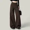Jeans Anchos de Pierna Color Café Retro Americano Talla Grande para Mujer MM Gordita Estilo Primavera y Otoño Versátiles Holgados de Pierna Recta Pantalones de Largo hasta el Suelo
