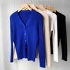 Cárdigan elegante blanco azul Klein de punto con cuello en V ropa de mujer nuevo color sólido delgado adelgazante suéter de primavera