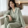 2026 Primavera/Outono Novo Fio 100% Algodão Tingido no Fio Masculino e Feminino Roupa de Casa Tamanho Plus Casual Loungewear Lapela Manga Longa Calça Longa Pijama